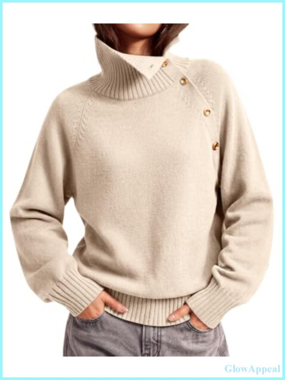 Turtleneck Oversized Knit Sweater with Gold Buttons Pullover